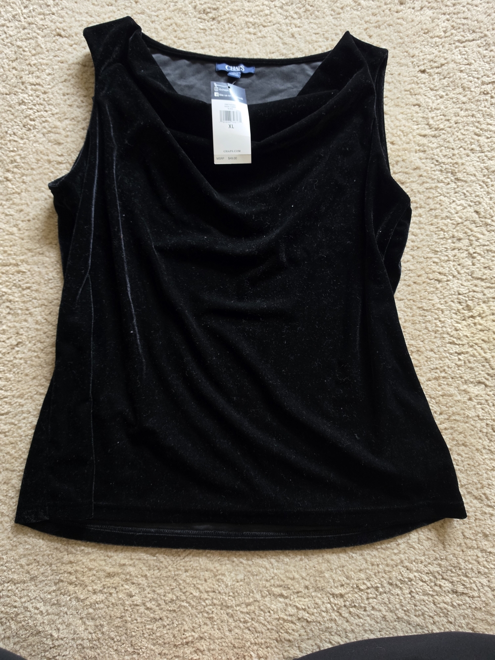 Chaps Black Velvet Cowl Neck Sleeveless Top